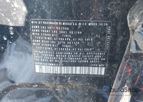 2021 Volkswagen Tiguan 2.0T S from USA, damaged, VIN 3VV0B7AX2MM022357